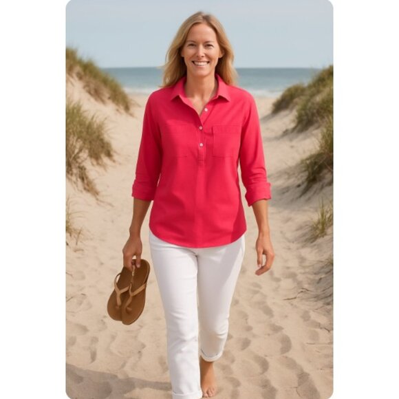 Talbots Bright Pink Half Button Front Cotton Shirt - Picture 1 of 8